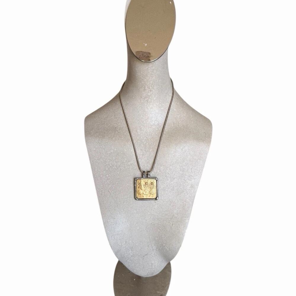 Vintage Chico’s Dancing Women Relief Square Pendant Necklace Tribal Mixed Metal